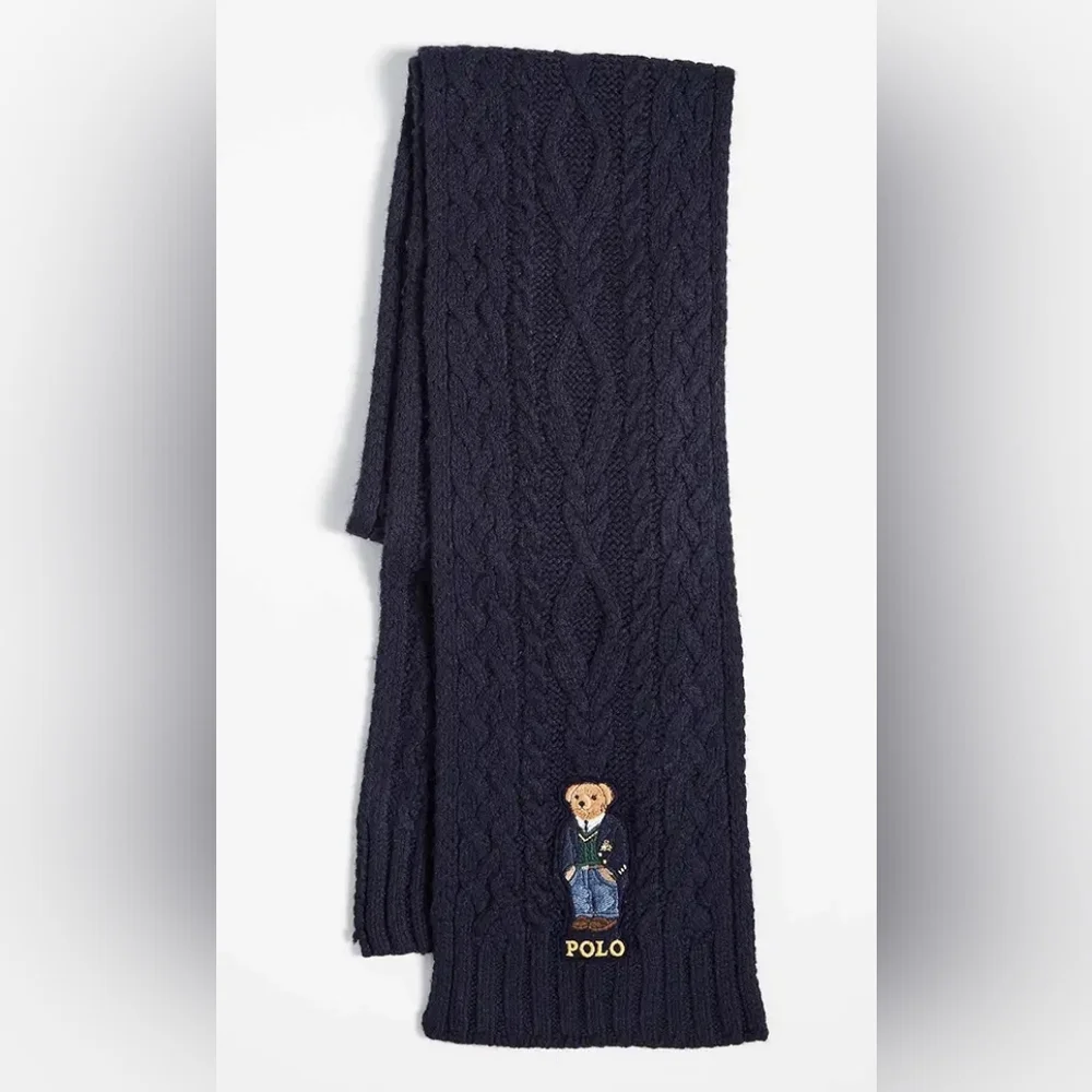 Polo Ralph Lauren Aran St. Andrew Bear Scarf Embroidered Navy Blue Cable Knit